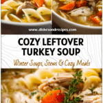 Bowl of homemade leftover turkey noodle soup with vegetables and herbs, a cozy Thanksgiving Turkey Soup.